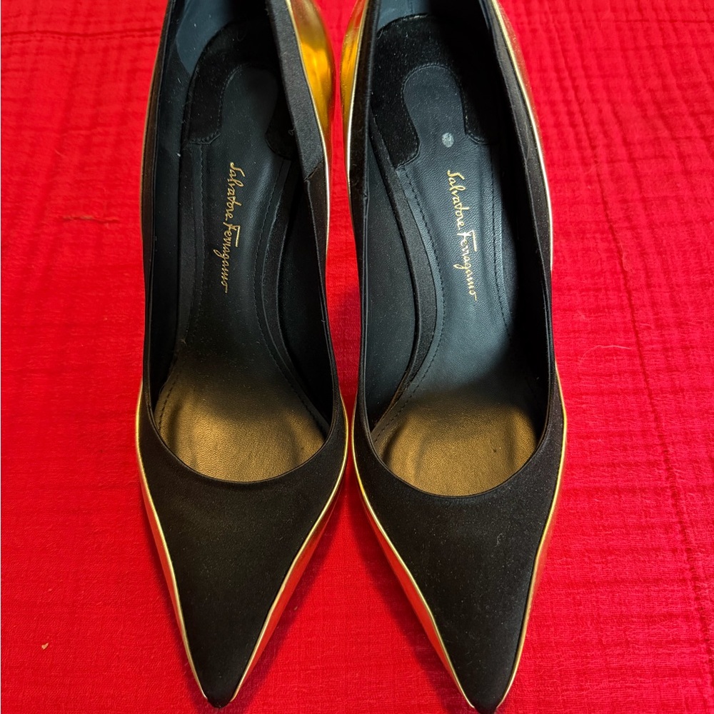 Salvatore Ferragamo Black Heels with Gold Trim
